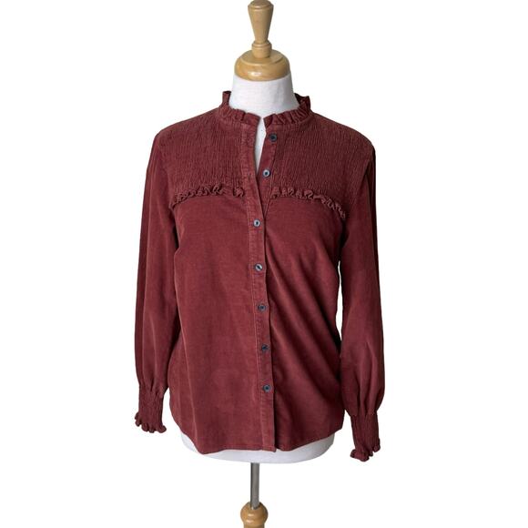 BODEN Smocked High Neck Shirt Brown/ Red Oak Size US6/ UK 10 NWT - Picture 1 of 12